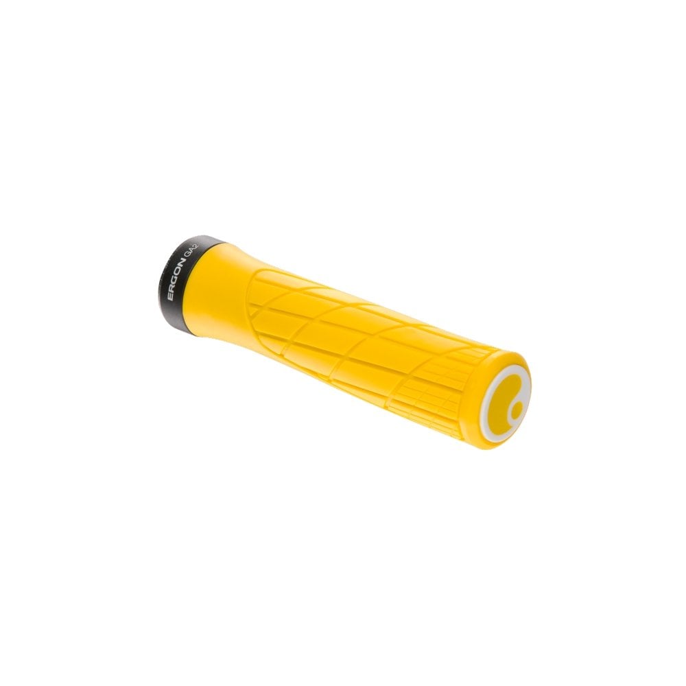 Ergon GA2 ergonomic mountain bike grips with CNC aluminum clamps and replaceable plugs, designed for comfort and durability.