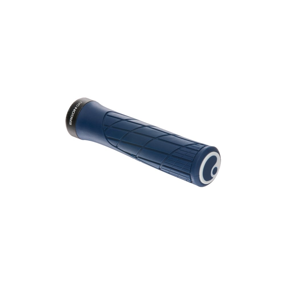 Ergon GA2 ergonomic mountain bike grips with CNC aluminum clamps and replaceable plugs, designed for comfortable cycling.