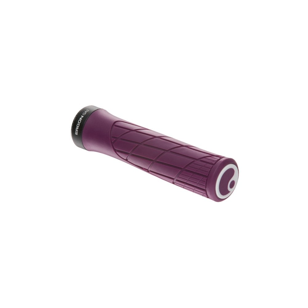 Ergon GA2 ergonomic mountain bike grips with CNC aluminum clamps and replaceable plugs, designed for comfortable riding.