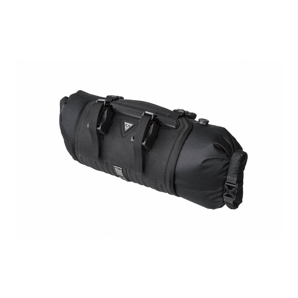 Topeak Frontloader bikepacking pannier bag with waterproof 8L drybag mounted on bike front, outdoor adventure accessories