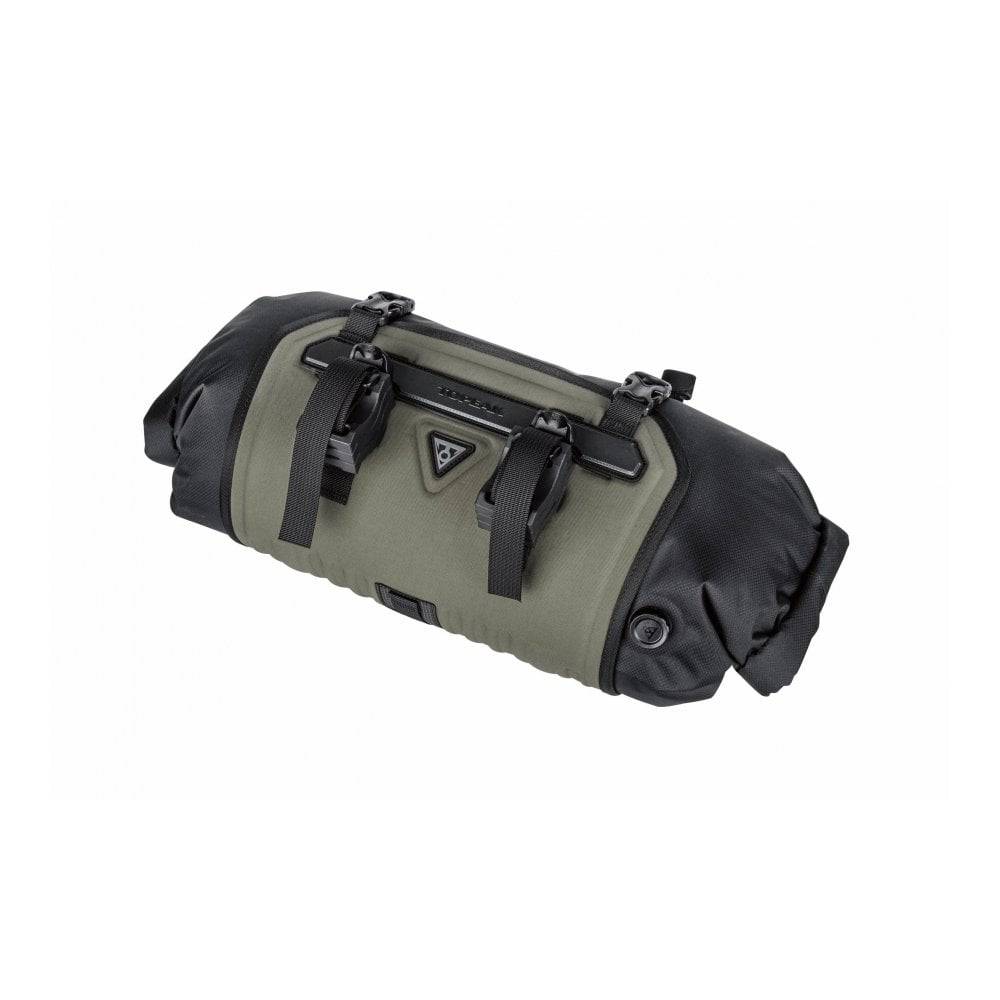 Topeak Frontloader pannier bag with waterproof 8L drybag mounted on a bike for bikepacking and cycling accessories.