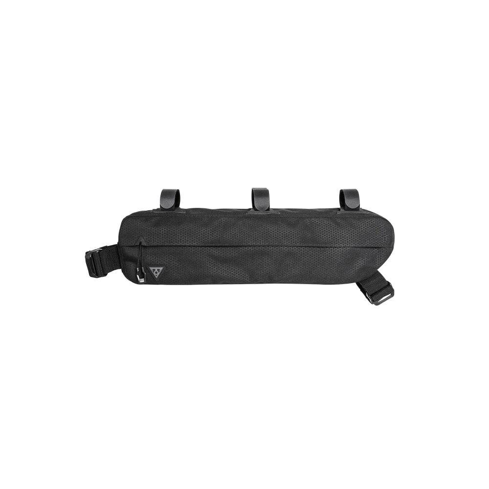Topeak Midloader bike pannier bag on bike frame, water-resistant storage accessory, 3L to 6L capacity for cycling gear.