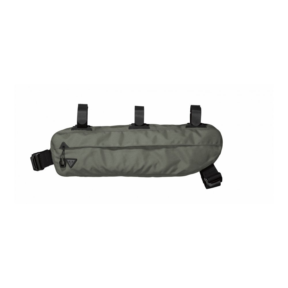 Topeak Midloader water-resistant bike frame pannier bag, 3L-6L capacity, mounted on bicycle frame for storage.
