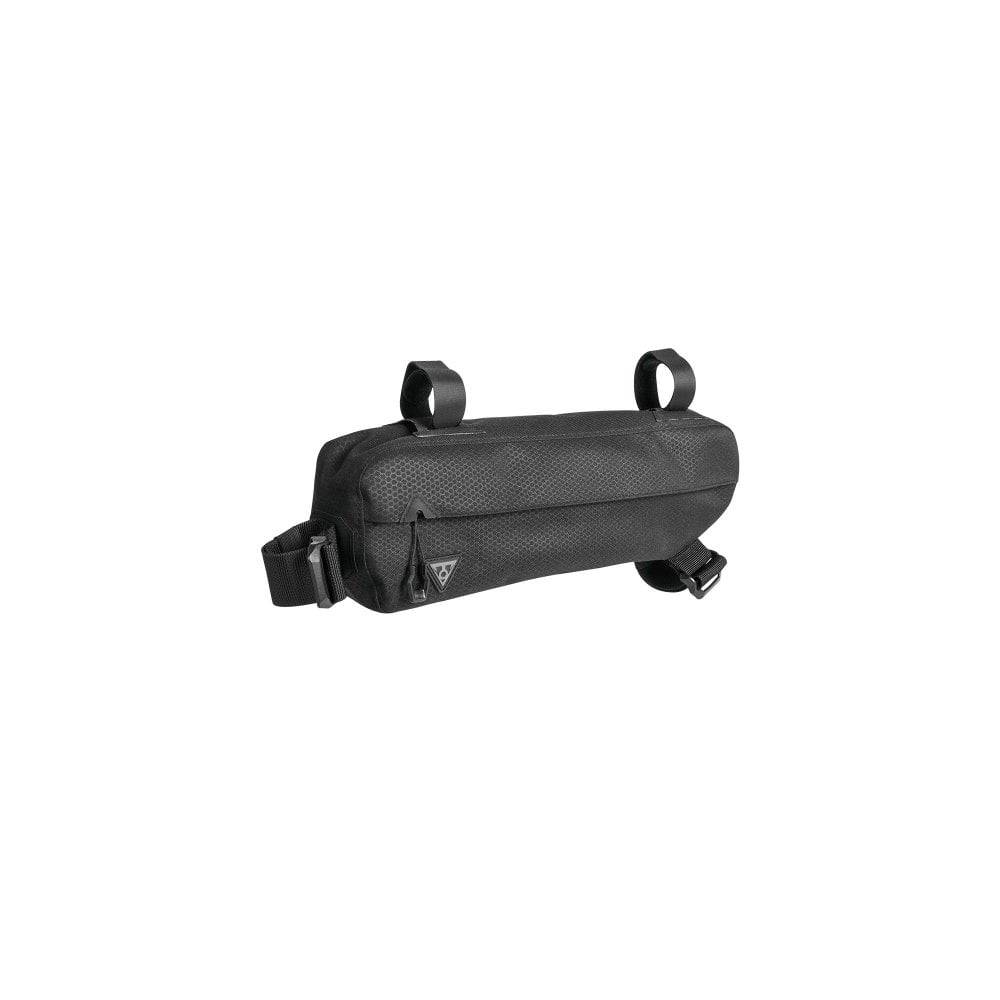 Topeak Midloader bike pannier bag mounted on bike frame, water-resistant storage accessory with 3L-6L capacity for cycling essentials.