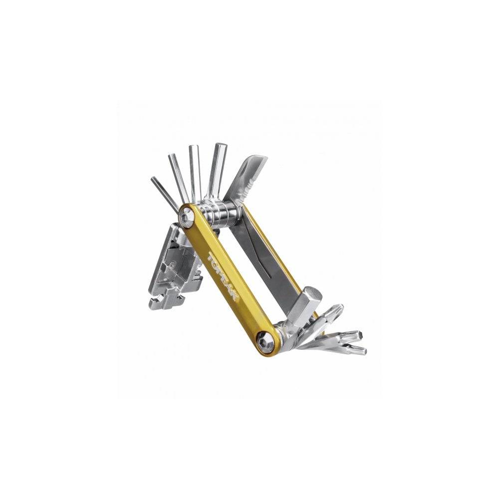 Topeak Mini P20 compact bike multi-tool with 20 functions, displayed alongside its neoprene bag for bike repairs.