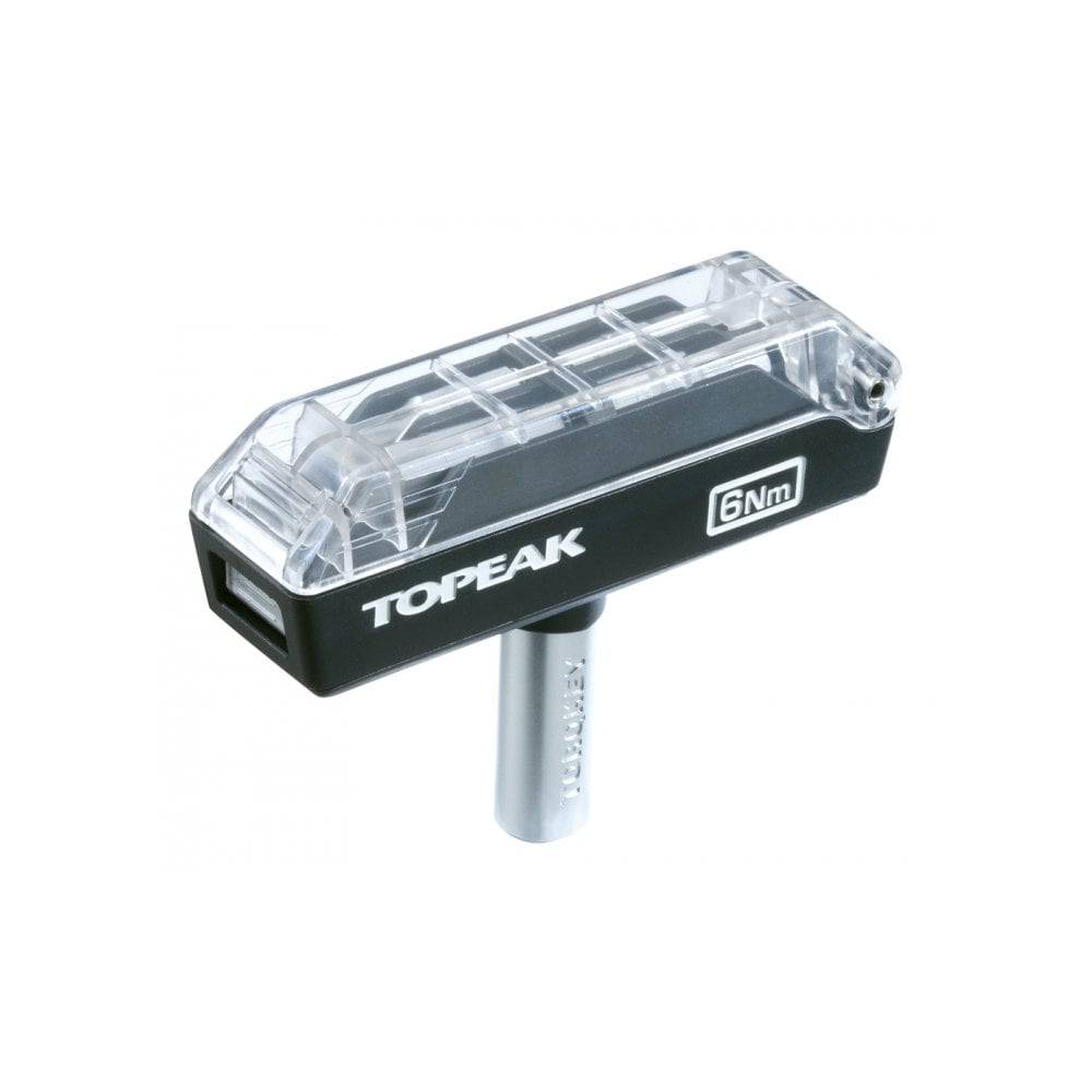 Topeak Torque 5 & 6 bike torque wrench with 4/5/6mm Allen and T25 Torx keys, used in bicycle workshop maintenance.