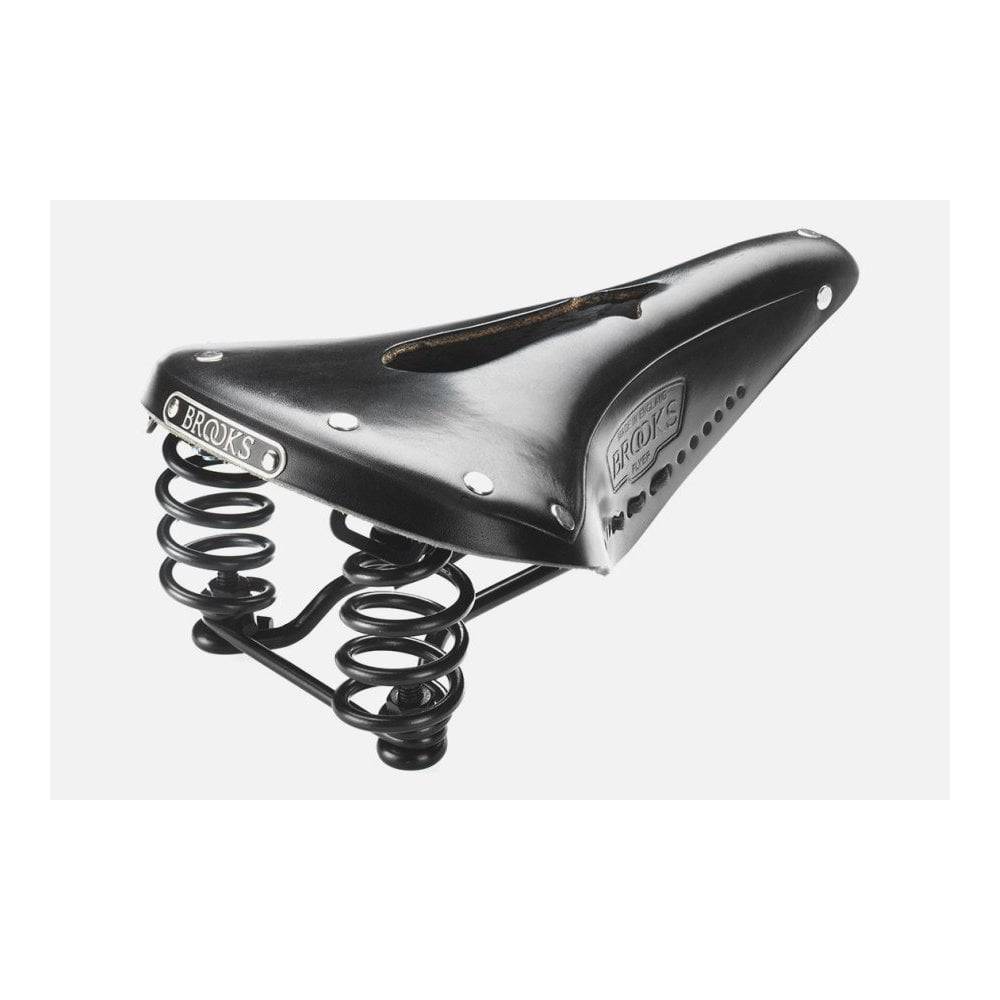 Brooks Flyer carved black steel bike saddle with pressure relief for unisex riding, 175mm length, component for bicycles.
