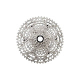 Shimano Deore 12-speed MTB cassette with 10-51T gears and Hyperglide technology, showcasing the durable metal sprockets.