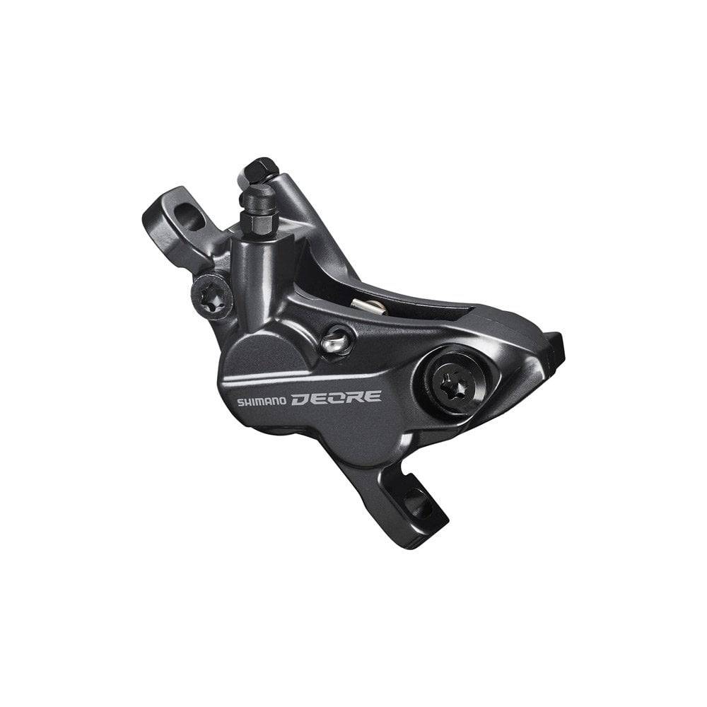 Shimano Deore BR-M6120 4-pot hydraulic brake caliper for front or rear post mount, without adapters, with black finish.