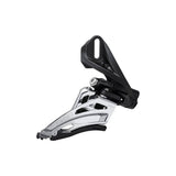 Shimano Deore FD-M5100-D 11-speed front derailleur with double side swing and direct mount, close-up of component details.