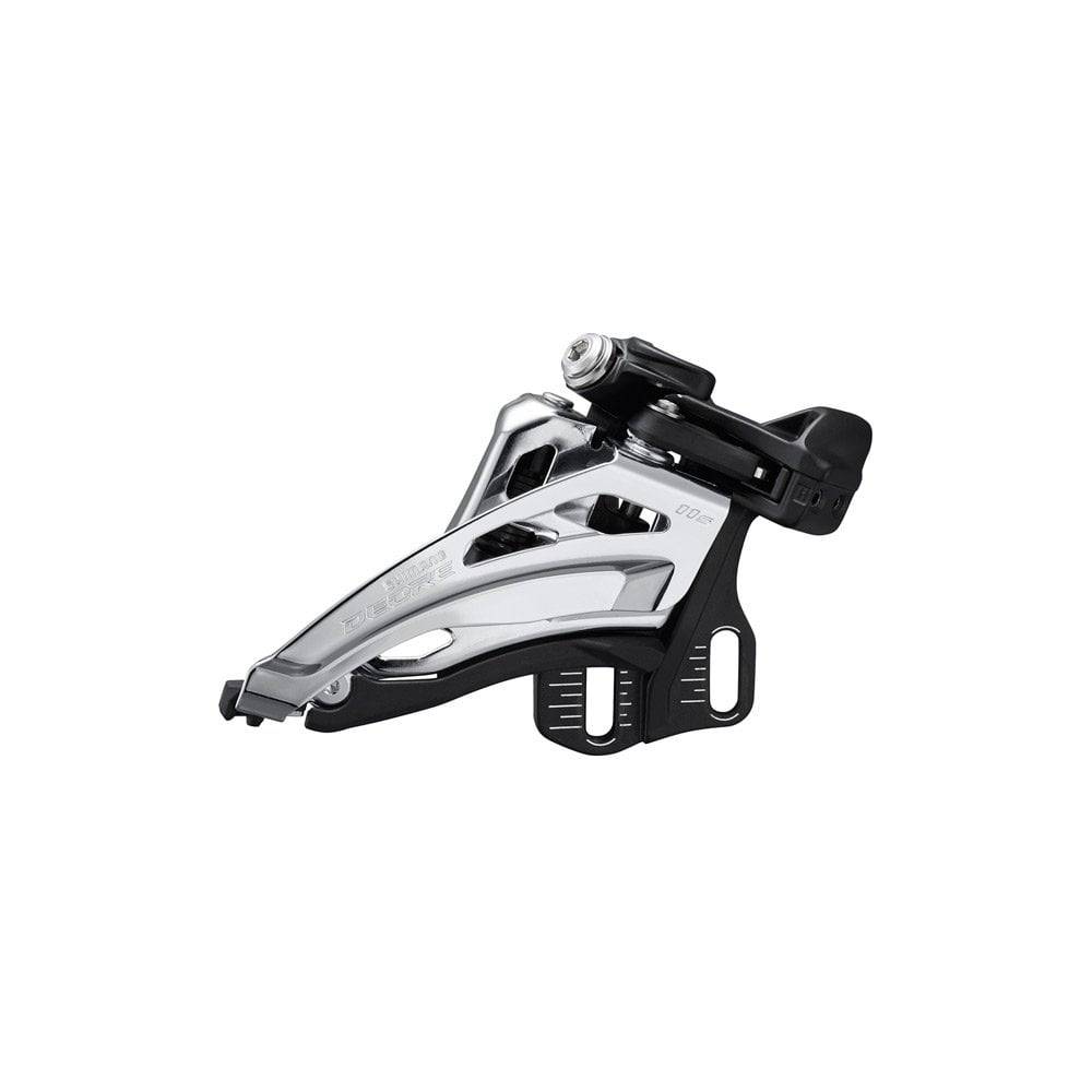 Shimano Deore FD-M5100-E 11-speed front derailleur for mountain bikes, featuring double side swing and E-type mounting.