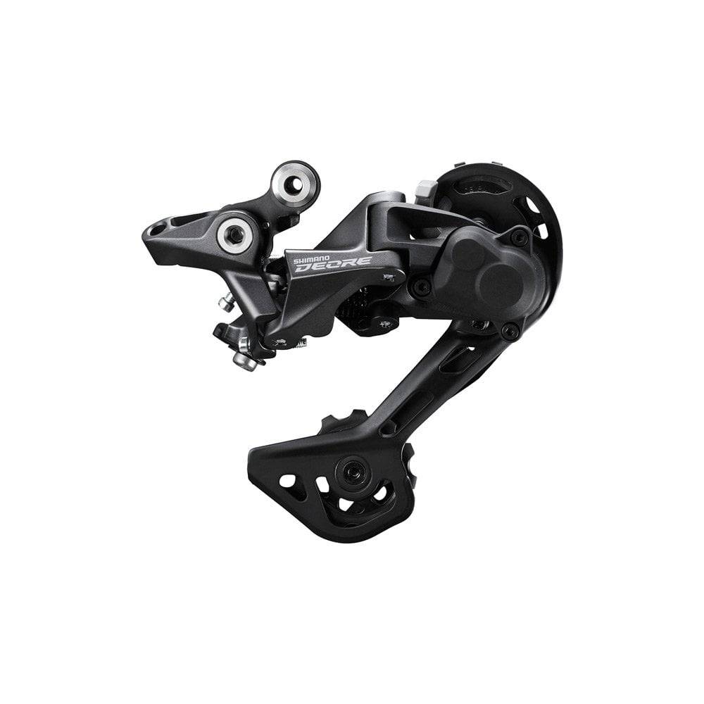 Shimano Deore RD-M5120 Shadow+ SGS long cage MTB rear derailleur for 10/11-speed mountain biking components, showing detailed gear mechanism.