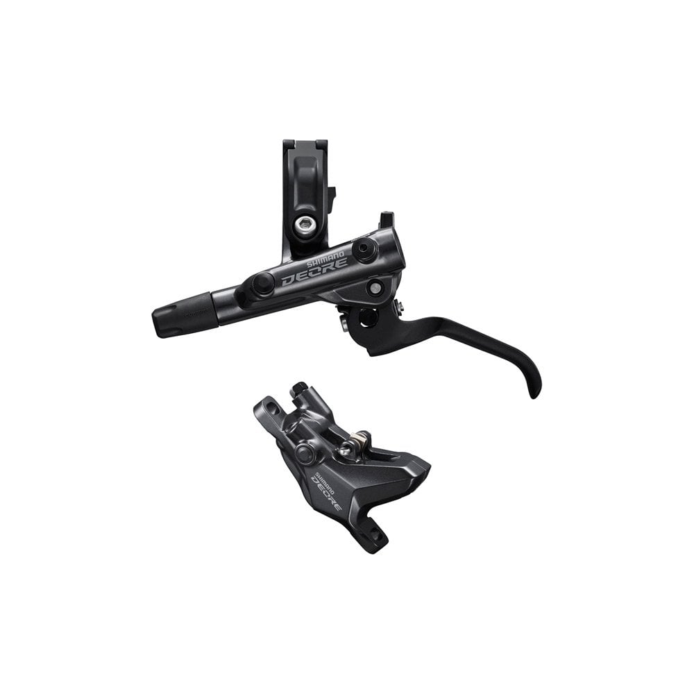 Shimano Deore hydraulic disc brake lever and 2-pot caliper for mountain bike, mounted with post mount, black finish.