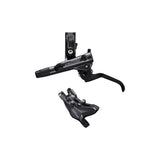 Shimano Deore hydraulic disc brake lever and 2-pot caliper for mountain bike, mounted with post mount, black finish.