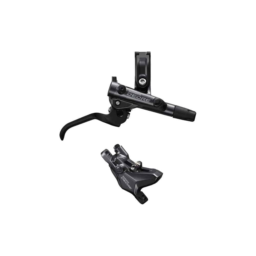 Shimano Deore hydraulic disc brake lever and 2-pot caliper with post mount for mountain bike braking system.