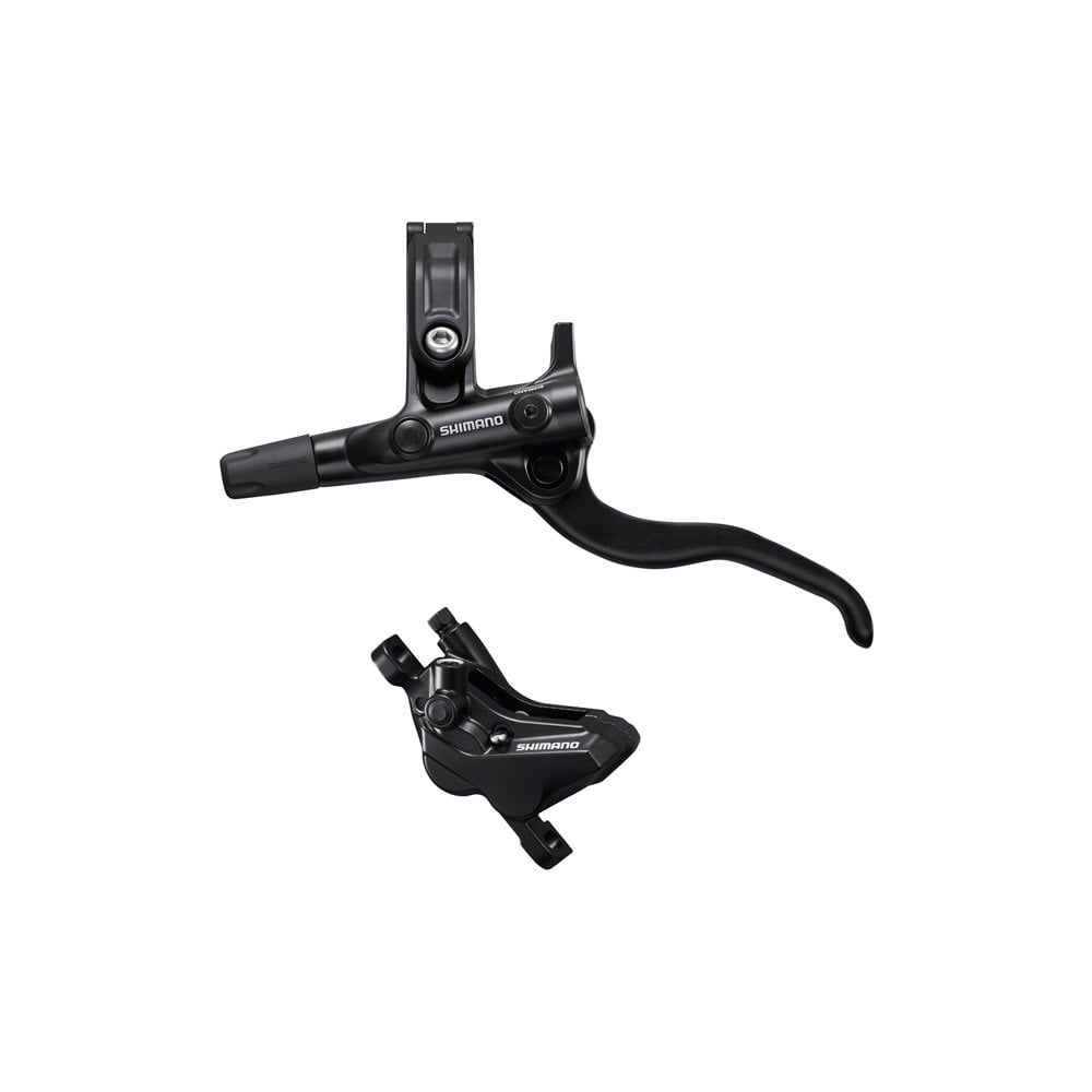 Shimano Deore hydraulic disc brake lever and 4-piston caliper set for mountain biking, black components with branded markings.