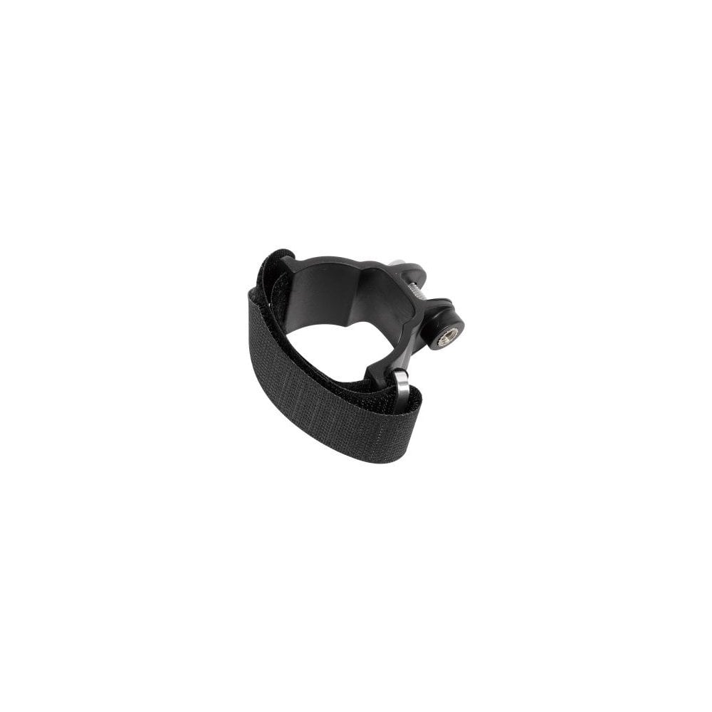 Topeak mounting clamp in black for DeFender TX and IGlow TX mudguards and lights, shown attached to a bicycle frame.