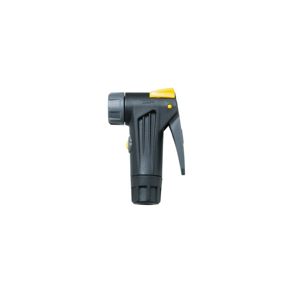 Topeak Spare Smarthead EX replacement bike pump head with hose clamp, black and yellow, without hose.