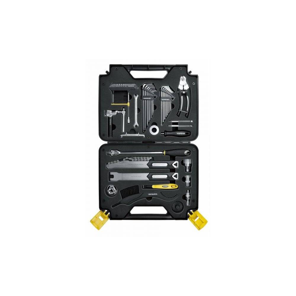 Topeak Prepbox Black professional bike tool kit with 18 essential workshop tools, neatly organized inside a compact box.