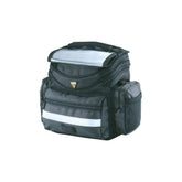 Topeak Tourguide black bike handlebar bag with QuickClick bracket and rain cover, designed for cycling accessories.