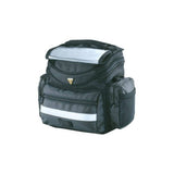 Topeak Tourguide black bike handlebar bag with QuickClick bracket and rain cover, designed for cycling accessories.