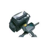 Topeak Tourguide bar bag in black with quickclick bracket and rain cover, mounted on a bike handlebar for accessories.