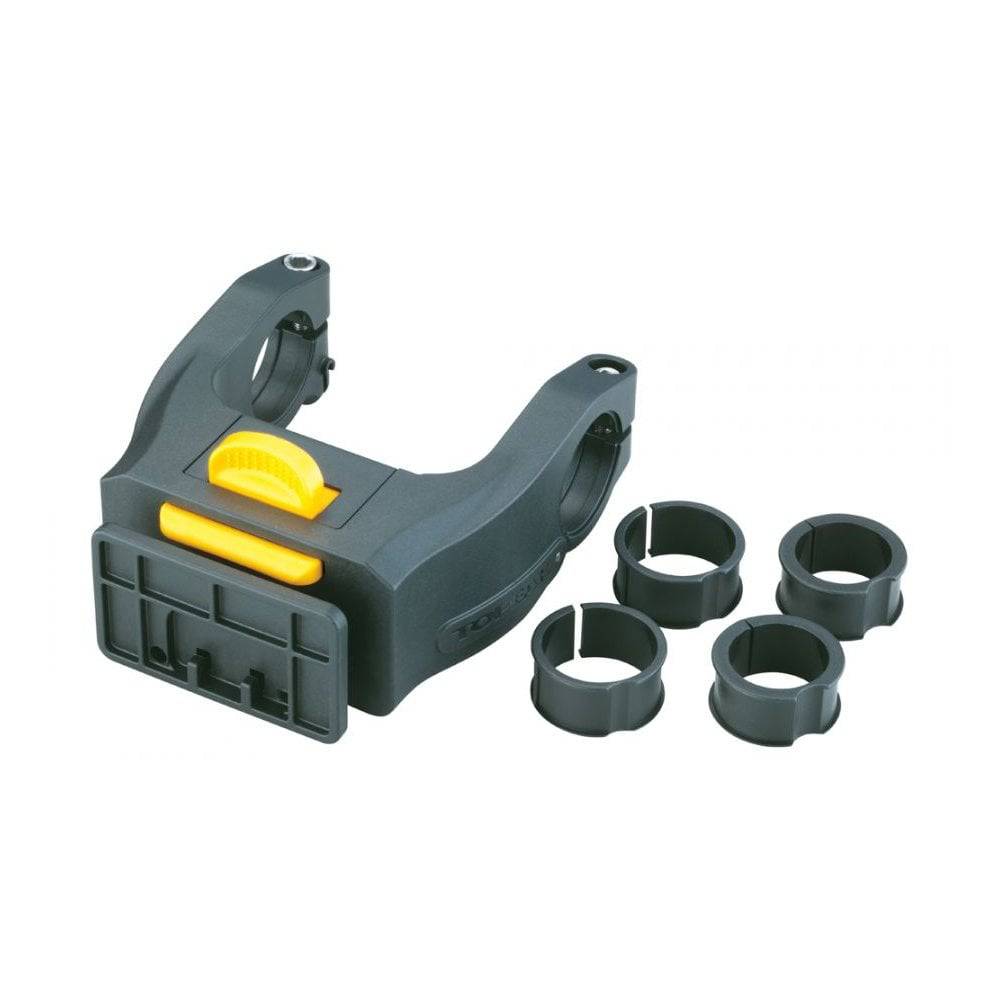 Black Topeak Tourguide Bar Bag with QuickClick bracket and rain cover, bike accessory for added storage and weather protection.