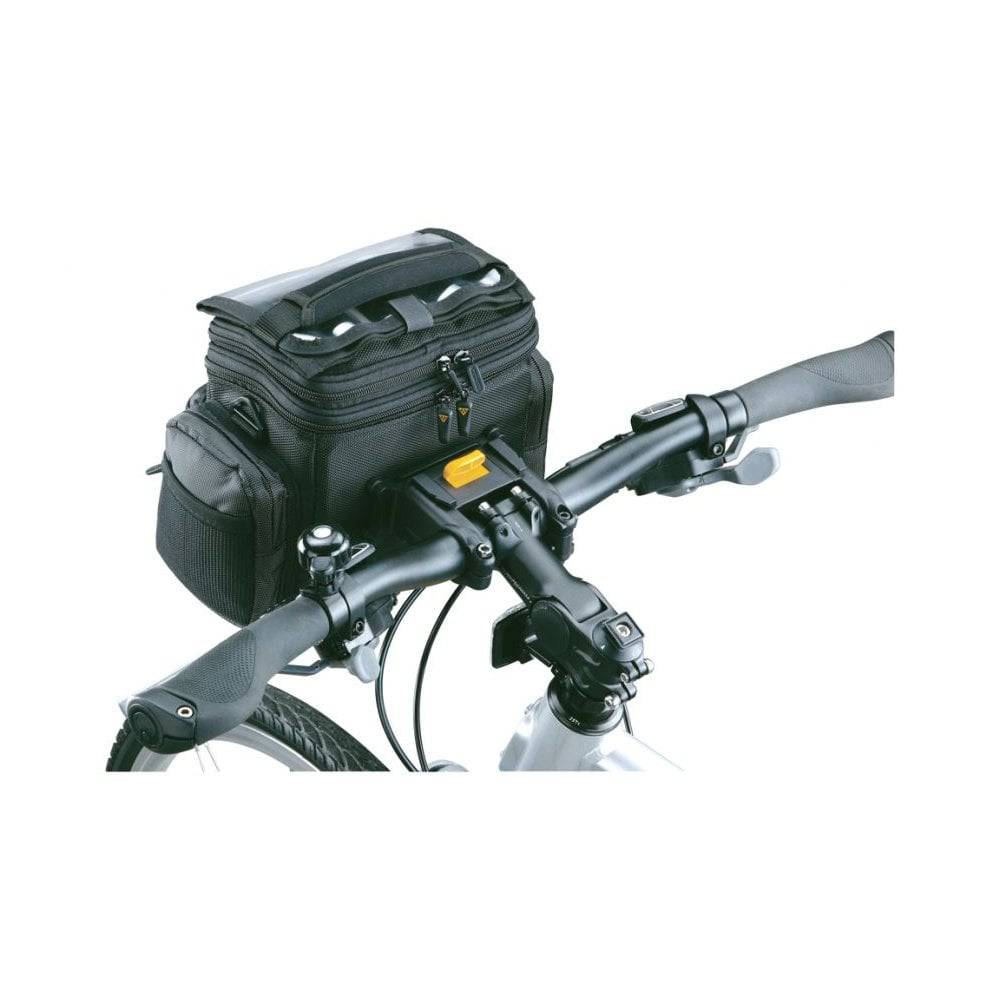 Black Topeak Tourguide Bar Bag with QuickClick bracket and rain cover, bike accessories for secure storage.