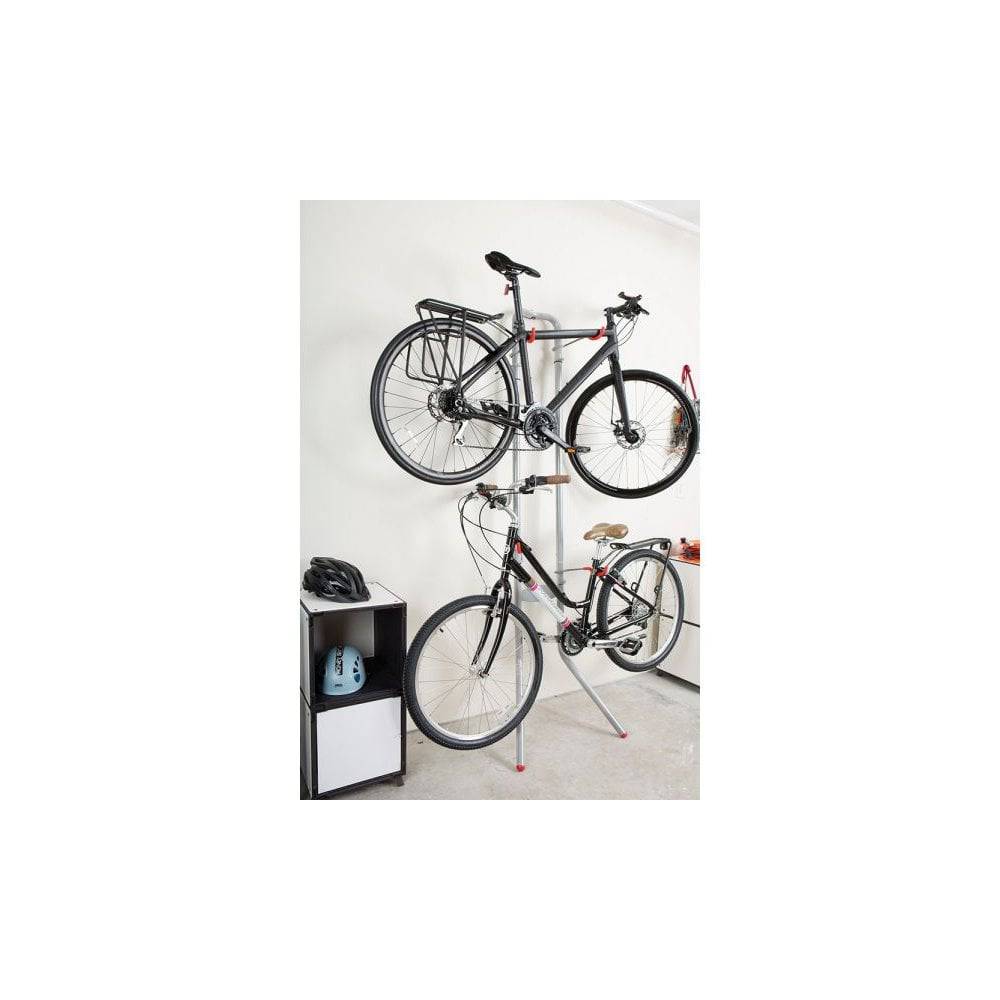 Delta Michelangelo gravity bike rack in silver, adjustable 2-bike storage accessory with a sturdy, space-saving design
