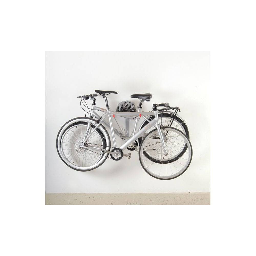 Delta Pablo wall mount bike rack in silver and black with folding design and shelf, showcasing a functional bike storage accessory.
