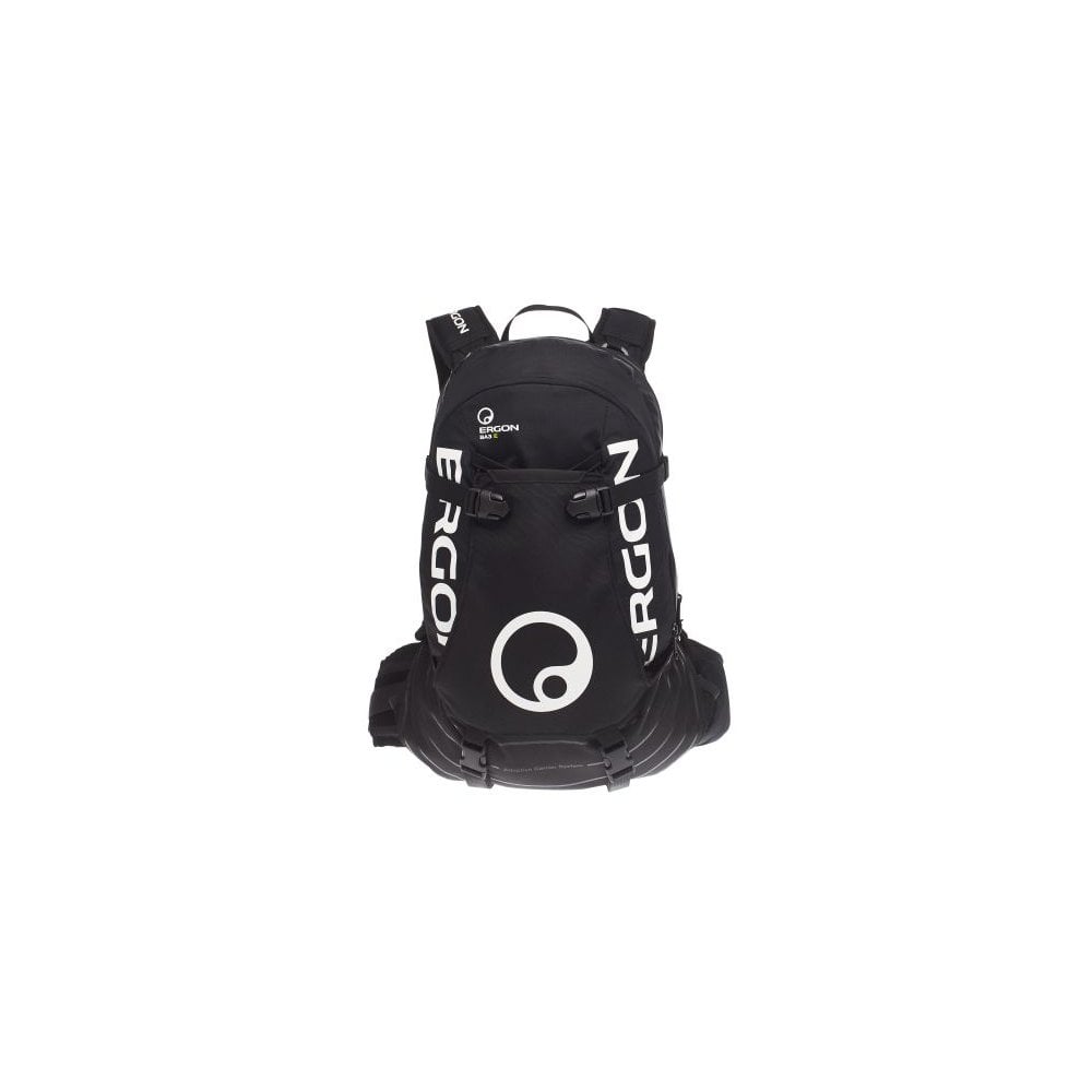 Ergon BA3 E Protect Black backpack for enduro and all-mountain riding, featuring adjustable fit and durable accessories.