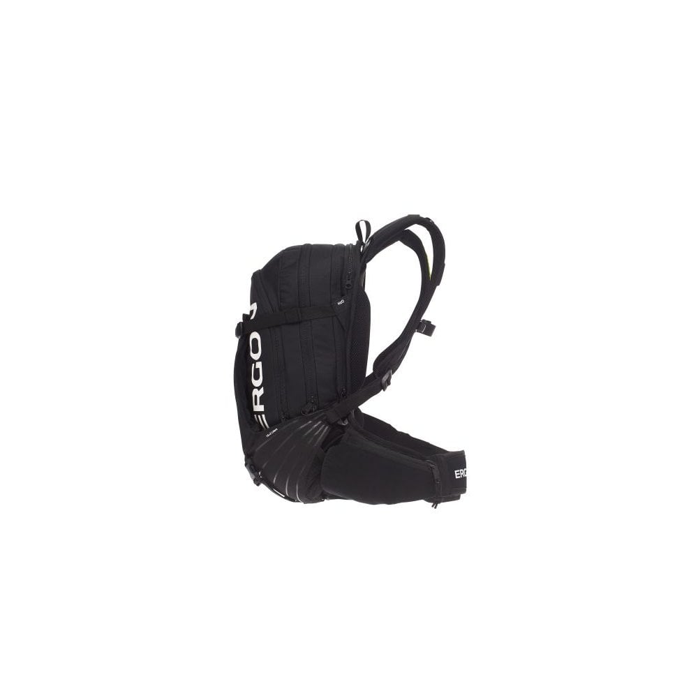 Ergon BA3 E Protect black backpack for enduro and all-mountain riding, featuring adjustable fit and durable accessories.