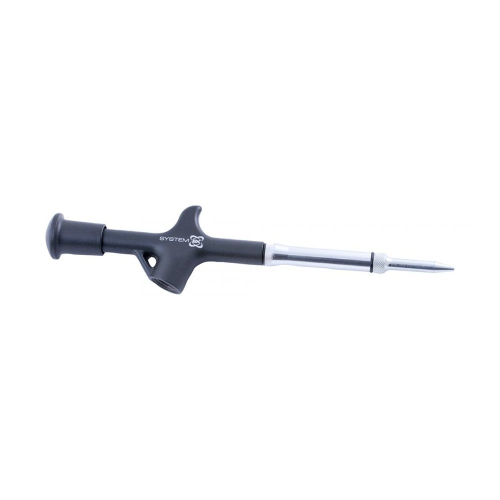 System EX Pro grease gun for bicycle maintenance with long-reach nozzle, black workshop tool for precise lubrication.