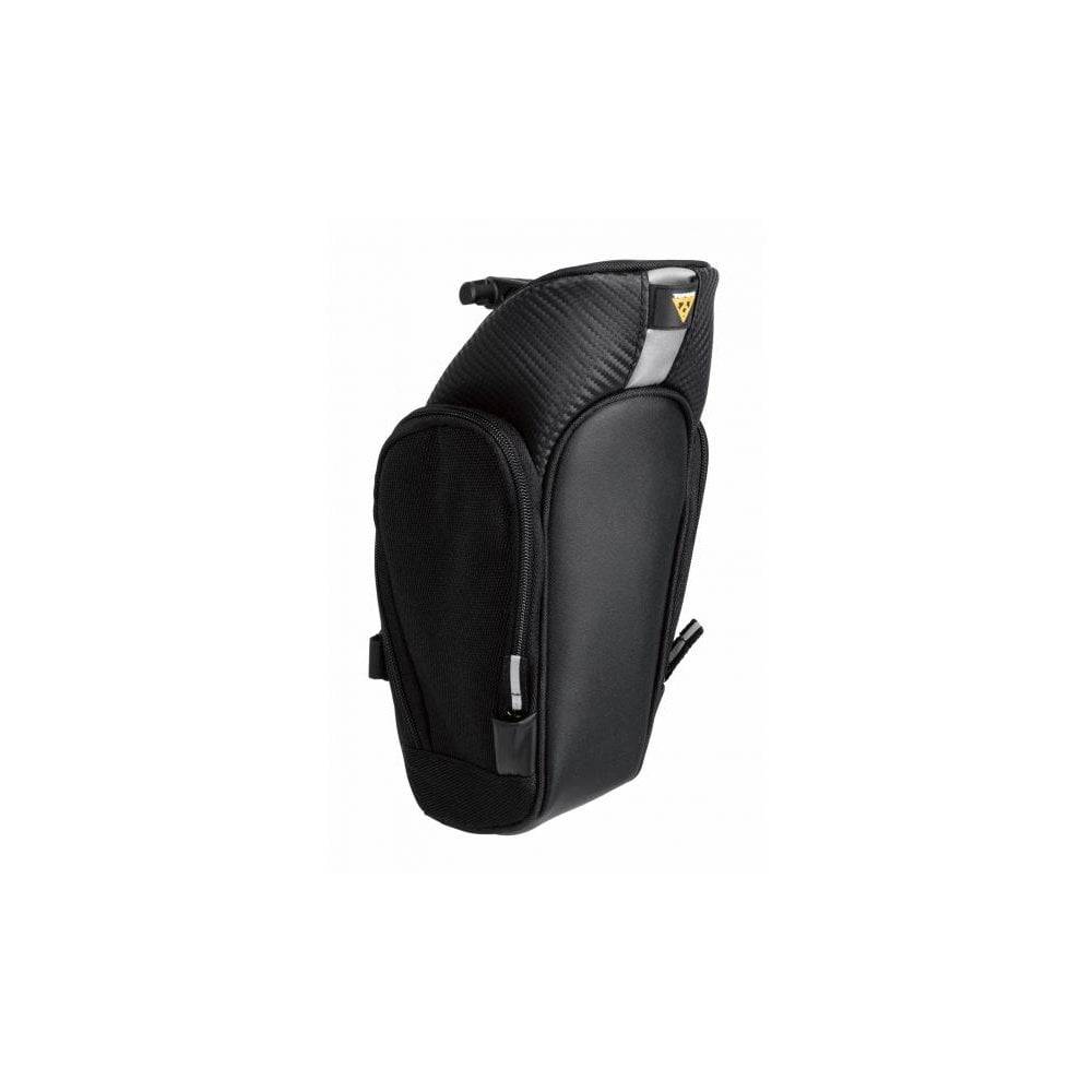 Topeak Mondopack XL expandable saddle bag with strap mount in black and yellow for bike accessories.