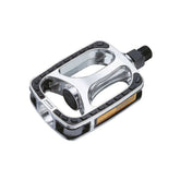 System EX DP450 silver and black bike pedals with CNC CroMo spindles and reflectors for cycling components.