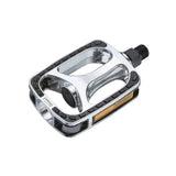 System EX DP450 silver and black bike pedals with CNC CroMo spindles and reflectors for cycling components.