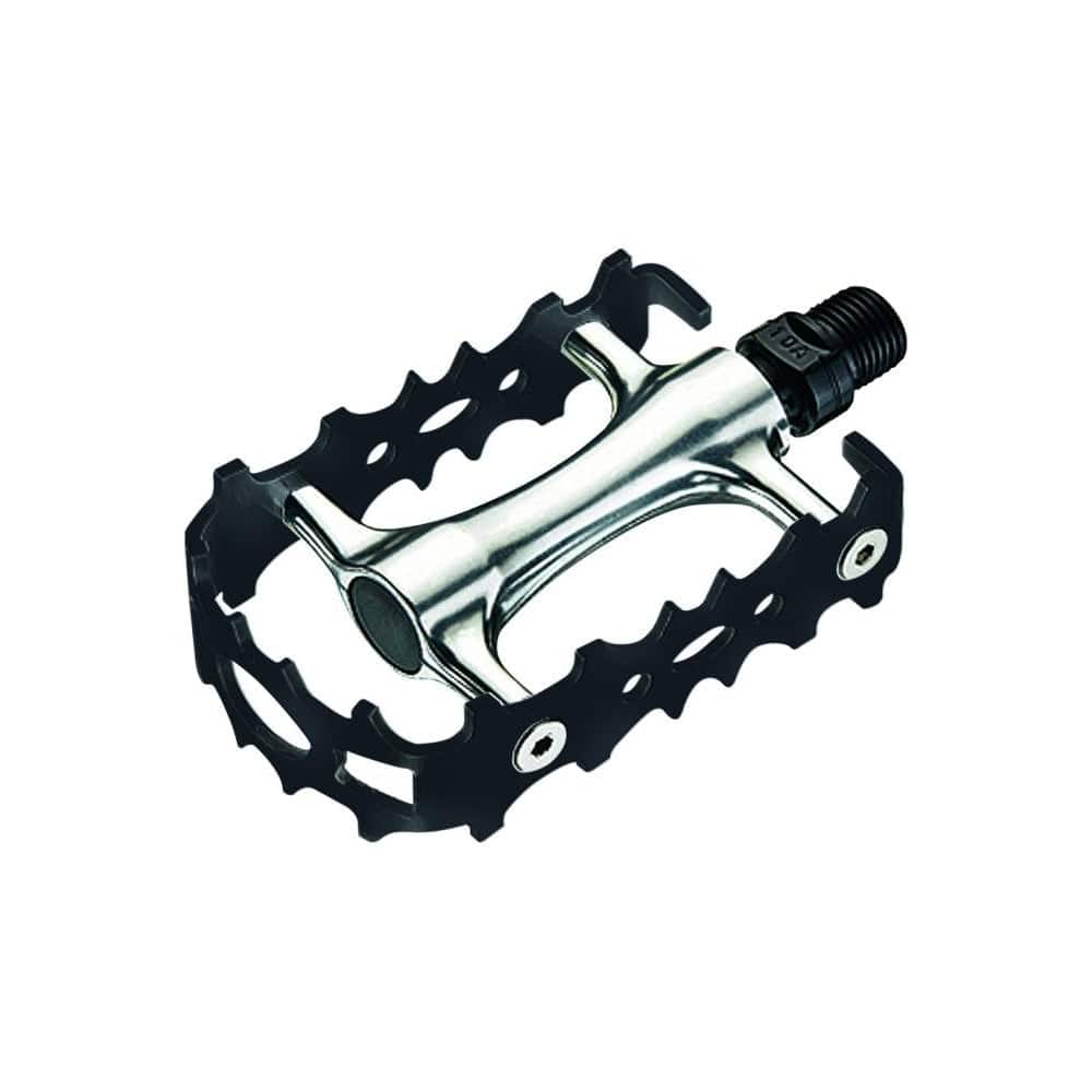 System EX M700 silver and black bike pedals with CNC CroMo spindles and reflectors, designed for durable cycling performance.