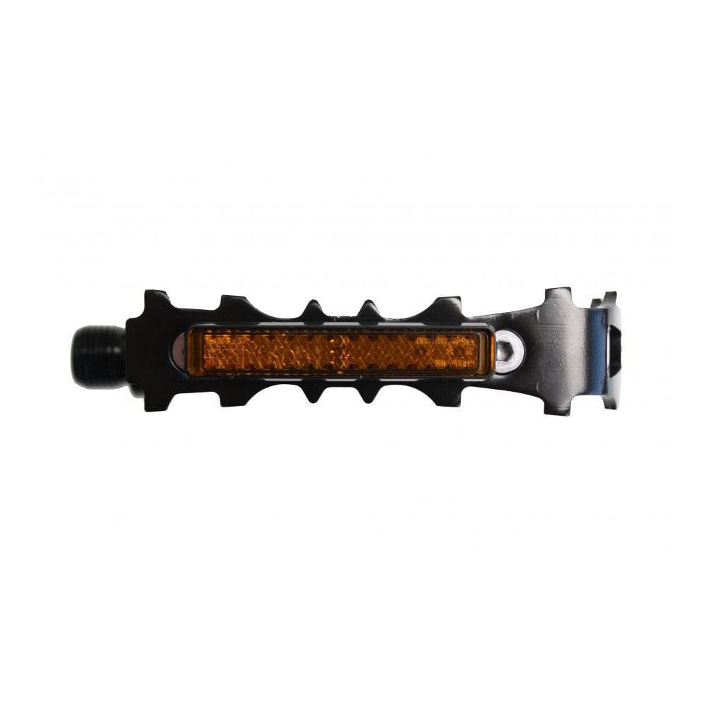 System EX M700 silver and black bike pedals with CNC CroMo spindles and reflectors, designed for durable cycling performance.
