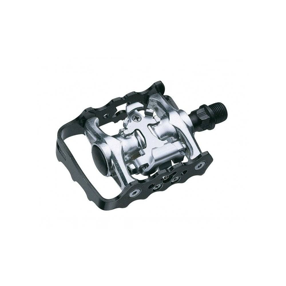 System EX D5200 silver and black dual-function cycling pedals with E-CO1 cleats for bike components, featuring adjustable straps.