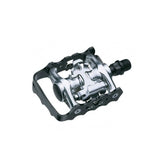System EX D5200 silver and black dual-function cycling pedals with E-CO1 cleats for bike components, featuring adjustable straps.