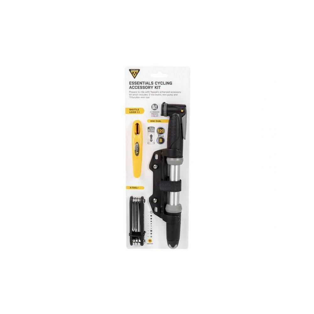 Topeak Essentials Cycling Accessory Kit with mini pump, multi-tool, and tire levers in black for bike repairs and maintenance.
