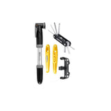Topeak Essentials Cycling Accessory Kit with mini pump, multi-tool, and tire levers in black, ideal for bike workshop repairs