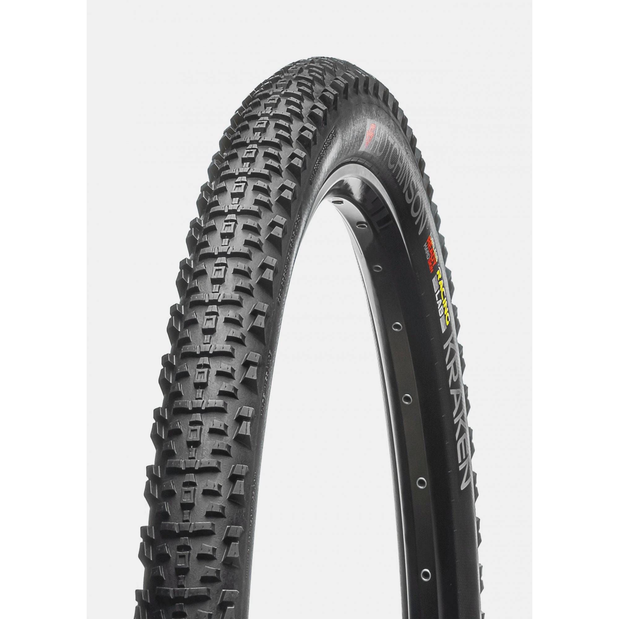 Hutchinson Kraken Racing Lab XC MTB tire tubeless ready for trail and cross-country riding, mounted on a mountain bike wheel.