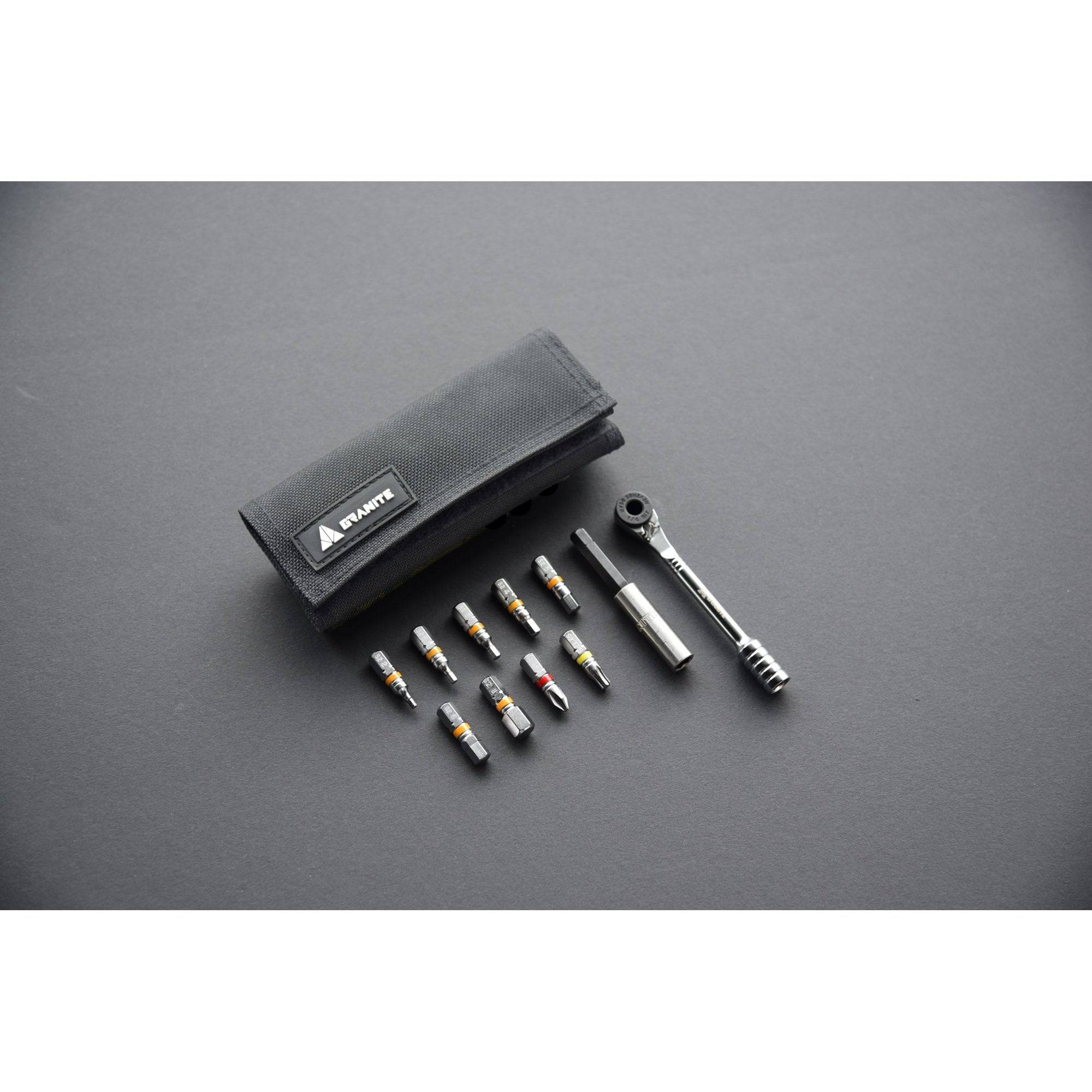 Granite ROCKnROLL workshop tool kit with Cordura fabric roll and S2 alloy steel bits, ideal for DIY and professional projects.
