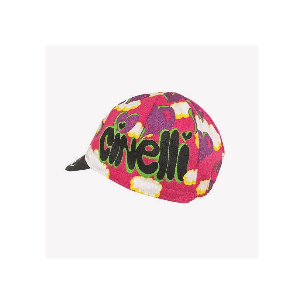 Cinelli Stevie Gee Alley Cat cycling cap with elastic fit, lightweight headwear for cycling enthusiasts, featuring colorful graphic design.