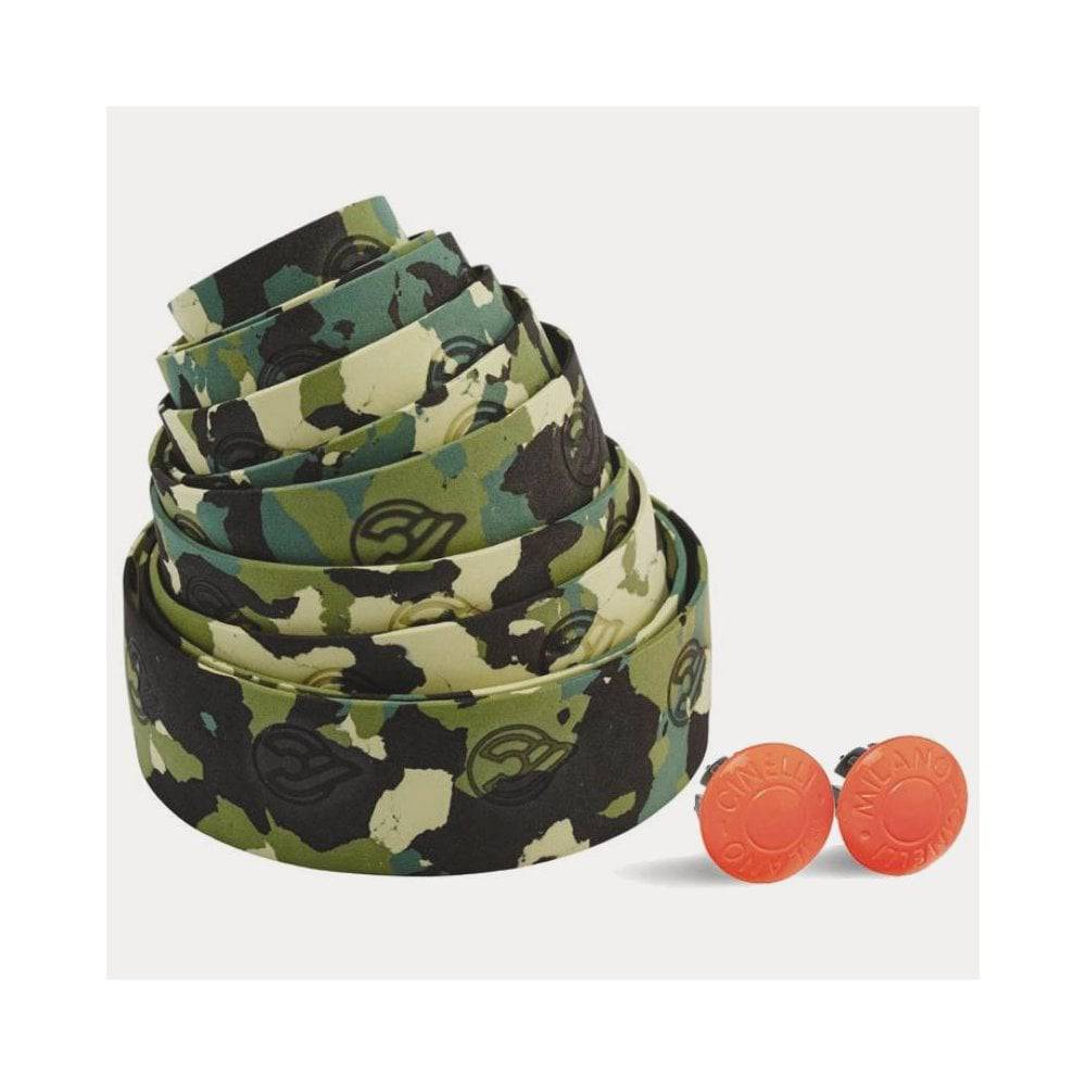Cinelli camouflage bike handlebar tape with fluorescent orange plugs, durable grip for cycling components.