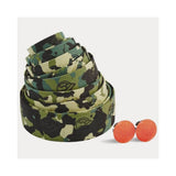 Cinelli camouflage bike handlebar tape with fluorescent orange plugs, durable grip for cycling components.