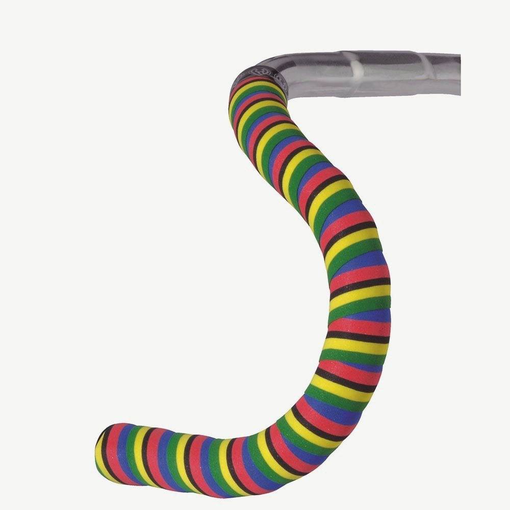 Cinelli World Champion bar tape with rainbow design and deluxe plugs for road bike handlebars.