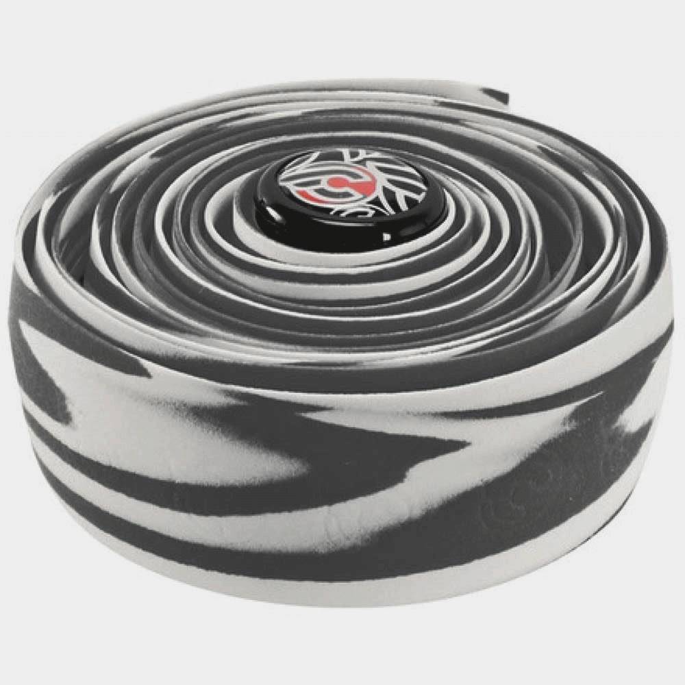 Cinelli Zebra cork cycling bar tape with matching logo bar end plugs, designed for comfortable bike handlebar grip.