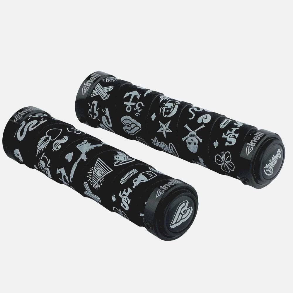 Cinelli Mike Giant Art Bike Grips with velvet ribbon and anodized aluminum rings, showcasing stylish cycling handlebar components.